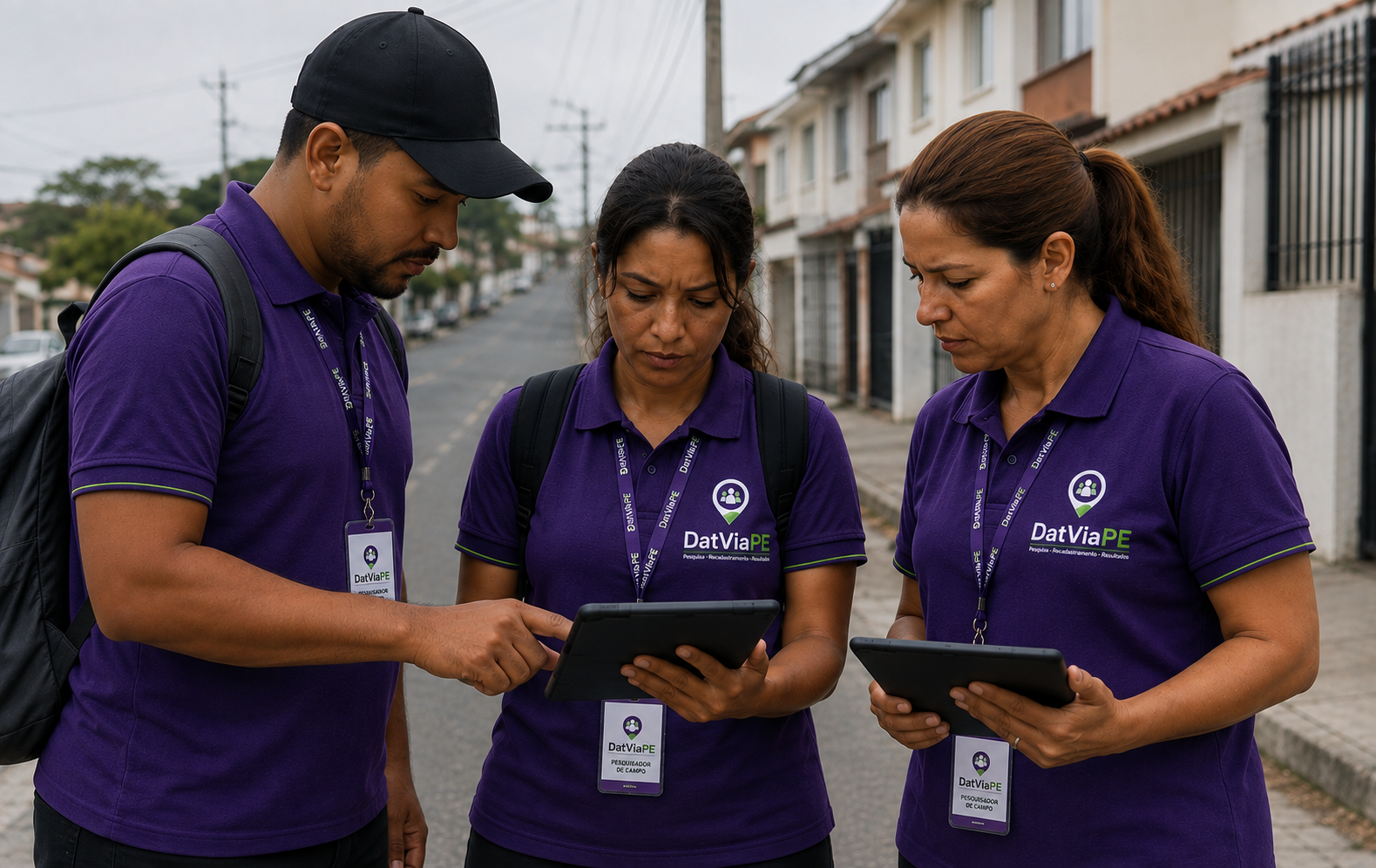 Equipe de campo do DatViaPE conferindo a rota do dia em um tablet